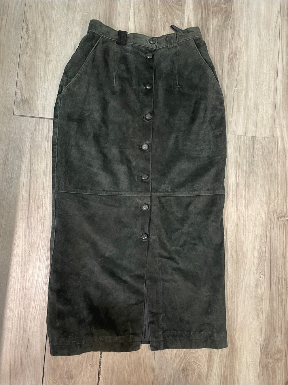 VTG Black Button-Front Leather Suede Midi Skirt